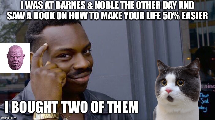 Yeet! | I WAS AT BARNES & NOBLE THE OTHER DAY AND SAW A BOOK ON HOW TO MAKE YOUR LIFE 50% EASIER; I BOUGHT TWO OF THEM | image tagged in memes,roll safe think about it | made w/ Imgflip meme maker