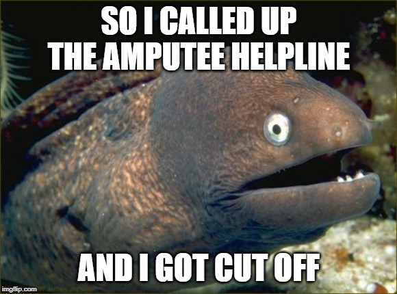 Bad Joke Eel | SO I CALLED UP THE AMPUTEE HELPLINE; AND I GOT CUT OFF | image tagged in memes,bad joke eel | made w/ Imgflip meme maker