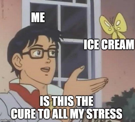 i mean...it helps... | ME; ICE CREAM; IS THIS THE CURE TO ALL MY STRESS | image tagged in memes,is this a pigeon | made w/ Imgflip meme maker