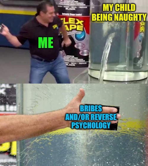 Wish I could flex tape them to a seat at dinner sometimes. | MY CHILD
BEING NAUGHTY; ME; BRIBES AND/OR REVERSE PSYCHOLOGY | image tagged in flex tape,naughty,children,reverse,psychology,bribes | made w/ Imgflip meme maker