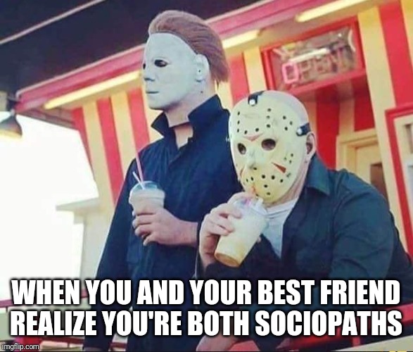 Best friends | WHEN YOU AND YOUR BEST FRIEND REALIZE YOU'RE BOTH SOCIOPATHS | image tagged in best friends | made w/ Imgflip meme maker