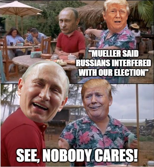 see nobody cares trump | "MUELLER SAID RUSSIANS INTERFERED WITH OUR ELECTION"; SEE, NOBODY CARES! | image tagged in see nobody cares trump | made w/ Imgflip meme maker