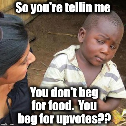 Third World Skeptical Kid | So you're tellin me; You don't beg for food.  You beg for upvotes?? | image tagged in memes,third world skeptical kid | made w/ Imgflip meme maker