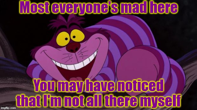 Cheshire Cat | Most everyone's mad here; You may have noticed that I'm not all there myself | image tagged in cheshire cat | made w/ Imgflip meme maker