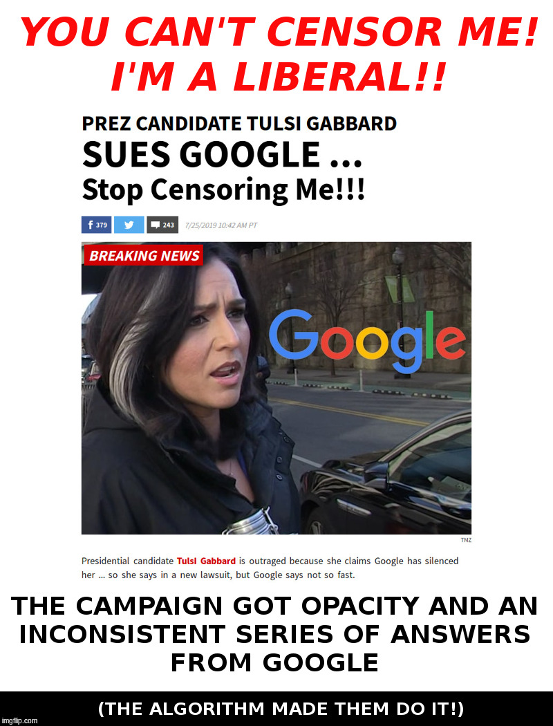 Tulsi Gabbard Sues Google | image tagged in tulsi gabbard,google,censorship | made w/ Imgflip meme maker