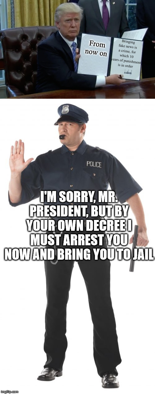 Sometimes I'd hope he actually made this decree for real ;) | Bringing fake news is a crime, for which 10 years of punishment is in order; From now on; I'M SORRY, MR. PRESIDENT, BUT BY YOUR OWN DECREE I MUST ARREST YOU NOW AND BRING YOU TO JAIL | image tagged in memes,stop cop,executive order trump | made w/ Imgflip meme maker