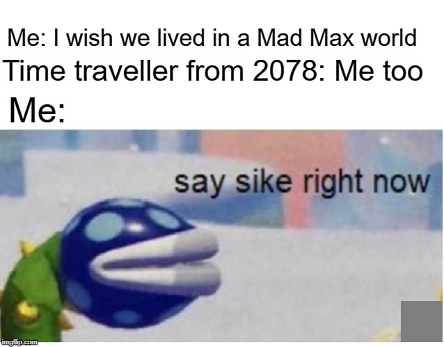[insert Darth Vader's NOOOO] | Me: I wish we lived in a Mad Max world; Time traveller from 2078: Me too; Me: | image tagged in say sike right now,memes,mad max,funny | made w/ Imgflip meme maker