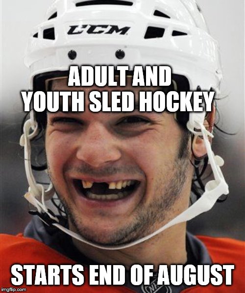 Hockey Teeth | ADULT AND YOUTH SLED HOCKEY; STARTS END OF AUGUST | image tagged in hockey teeth | made w/ Imgflip meme maker