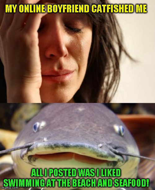 This is why I went to the bars. At least I could see if they drank like a fish before I took them home | MY ONLINE BOYFRIEND CATFISHED ME; ALL I POSTED WAS I LIKED SWIMMING AT THE BEACH AND SEAFOOD! | image tagged in memes,first world problems | made w/ Imgflip meme maker