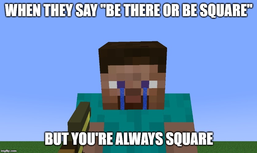Poor Minecraft Steve | WHEN THEY SAY "BE THERE OR BE SQUARE"; BUT YOU'RE ALWAYS SQUARE | image tagged in minecraft,square,sad | made w/ Imgflip meme maker