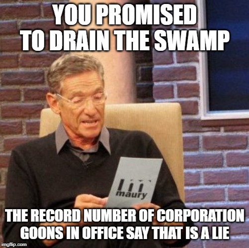 The drainage pipe must've leaked | YOU PROMISED TO DRAIN THE SWAMP; THE RECORD NUMBER OF CORPORATION GOONS IN OFFICE SAY THAT IS A LIE | image tagged in memes,maury lie detector,drain the swamp more like fill it,politicstoo | made w/ Imgflip meme maker