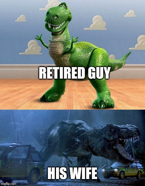 Jurassic Park Toy Story T-Rex | RETIRED GUY; HIS WIFE | image tagged in jurassic park toy story t-rex | made w/ Imgflip meme maker