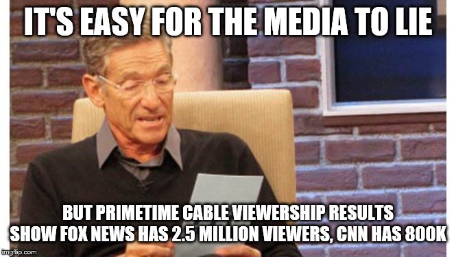 maury povich | IT'S EASY FOR THE MEDIA TO LIE BUT PRIMETIME CABLE VIEWERSHIP RESULTS SHOW FOX NEWS HAS 2.5 MILLION VIEWERS, CNN HAS 800K | image tagged in maury povich | made w/ Imgflip meme maker