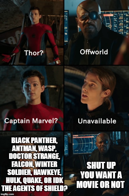 Thor off-world captain marvel unavailable | BLACK PANTHER, ANTMAN, WASP, DOCTOR STRANGE, FALCON, WINTER SOLDIER, HAWKEYE, HULK, QUAKE, OR IDK THE AGENTS OF SHIELD? SHUT UP
YOU WANT A MOVIE OR NOT | image tagged in thor off-world captain marvel unavailable | made w/ Imgflip meme maker
