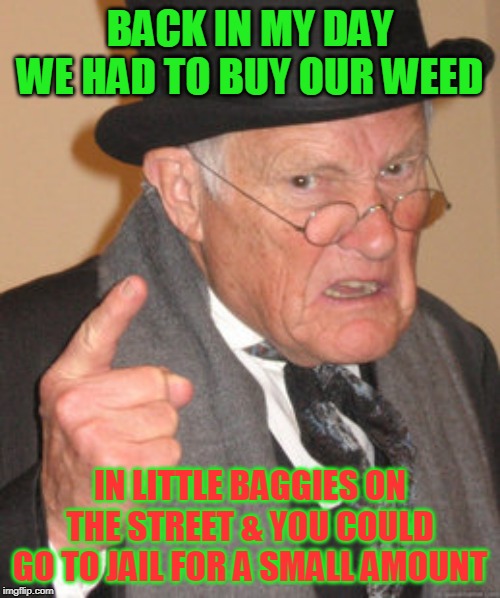 Back In My Day Meme | BACK IN MY DAY WE HAD TO BUY OUR WEED; IN LITTLE BAGGIES ON THE STREET & YOU COULD GO TO JAIL FOR A SMALL AMOUNT | image tagged in memes,back in my day | made w/ Imgflip meme maker