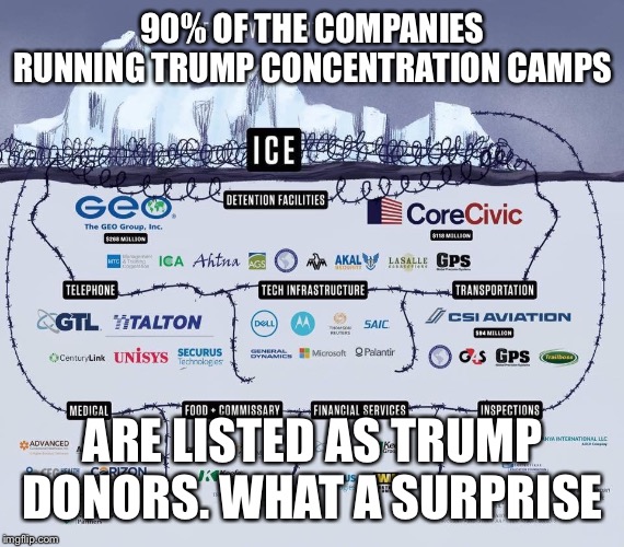 Trump donors | 90% OF THE COMPANIES RUNNING TRUMP CONCENTRATION CAMPS; ARE LISTED AS TRUMP DONORS. WHAT A SURPRISE | image tagged in donald trump,trump,ice,trump donors | made w/ Imgflip meme maker