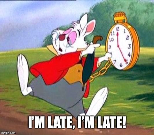 White Rabbit "I'm late!" | I’M LATE, I’M LATE! | image tagged in white rabbit i'm late | made w/ Imgflip meme maker