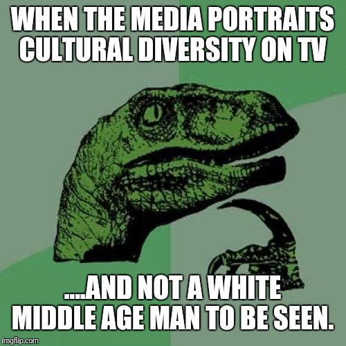 Philosoraptor Meme | WHEN THE MEDIA PORTRAITS CULTURAL DIVERSITY ON TV; ....AND NOT A WHITE MIDDLE AGE MAN TO BE SEEN. | image tagged in memes,philosoraptor | made w/ Imgflip meme maker