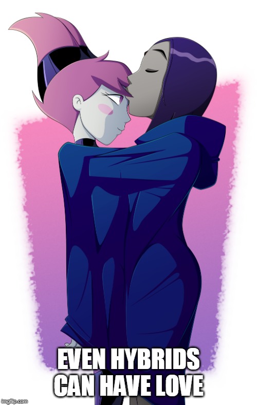 Kiss | EVEN HYBRIDS CAN HAVE LOVE | image tagged in kiss,smooch,raven,jinx,teen titans,love | made w/ Imgflip meme maker