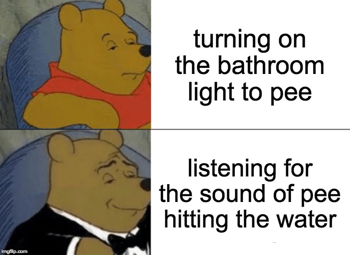 Tuxedo Winnie The Pooh | turning on the bathroom light to pee; listening for the sound of pee hitting the water | image tagged in memes,tuxedo winnie the pooh | made w/ Imgflip meme maker