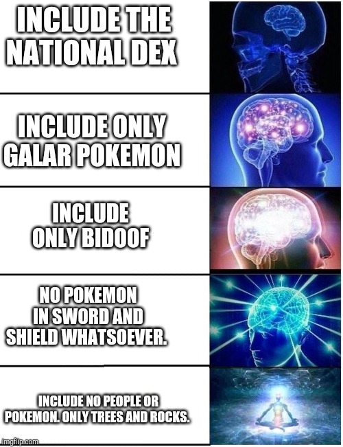 Expanding Brain 5 Panel | INCLUDE THE NATIONAL DEX; INCLUDE ONLY GALAR POKEMON; INCLUDE ONLY BIDOOF; NO POKEMON IN SWORD AND SHIELD WHATSOEVER. INCLUDE NO PEOPLE OR POKEMON. ONLY TREES AND ROCKS. | image tagged in expanding brain 5 panel,pokemon,pokemon memes,video games,games,funny pokemon | made w/ Imgflip meme maker