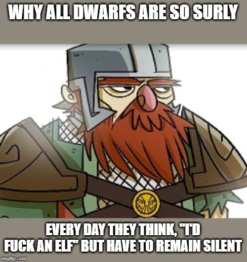 Done Dwarf | WHY ALL DWARFS ARE SO SURLY; EVERY DAY THEY THINK, "I'D FUCK AN ELF" BUT HAVE TO REMAIN SILENT | image tagged in done dwarf | made w/ Imgflip meme maker