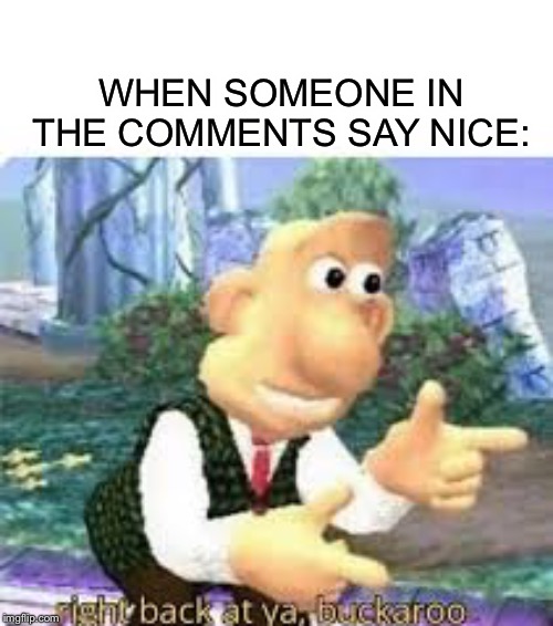 right back at ya, buckaroo | WHEN SOMEONE IN THE COMMENTS SAY NICE: | image tagged in right back at ya buckaroo | made w/ Imgflip meme maker