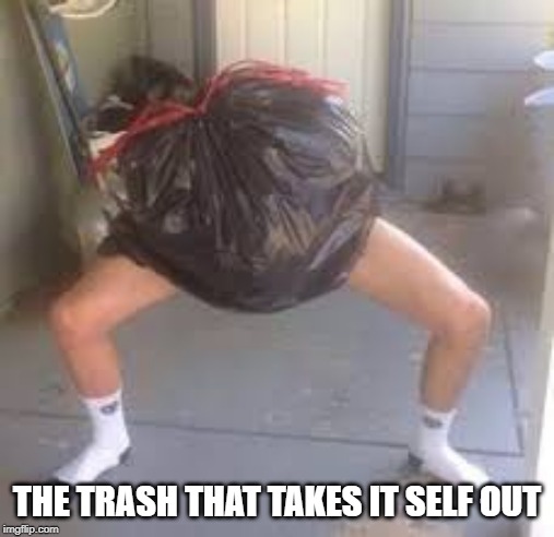 A Great Invention | THE TRASH THAT TAKES IT SELF OUT | image tagged in random | made w/ Imgflip meme maker