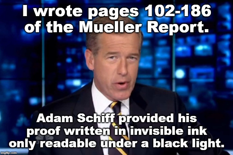 Brian Williams Wrote part of Mueller Report | I wrote pages 102-186 of the Mueller Report. Adam Schiff provided his proof written in invisible ink only readable under a black light. | image tagged in brian williams,mueller report,adam schiff | made w/ Imgflip meme maker