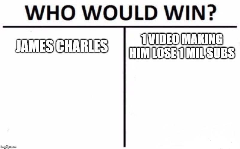 Who Would Win? Meme | JAMES CHARLES; 1 VIDEO MAKING HIM LOSE 1 MIL SUBS | image tagged in memes,who would win | made w/ Imgflip meme maker