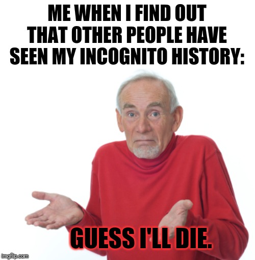 Guess I'll die  | ME WHEN I FIND OUT THAT OTHER PEOPLE HAVE SEEN MY INCOGNITO HISTORY:; GUESS I'LL DIE. | image tagged in guess i'll die | made w/ Imgflip meme maker