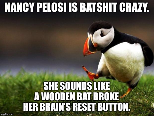 You do not have to be drunk to be crazy | NANCY PELOSI IS BATSHIT CRAZY. SHE SOUNDS LIKE A WOODEN BAT BROKE HER BRAIN’S RESET BUTTON. | image tagged in memes,unpopular opinion puffin,drunk,nancy pelosi,crazy,button | made w/ Imgflip meme maker