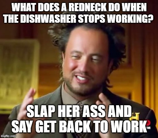 Ancient Aliens | WHAT DOES A REDNECK DO WHEN THE DISHWASHER STOPS WORKING? SLAP HER ASS AND SAY GET BACK TO WORK | image tagged in memes,ancient aliens | made w/ Imgflip meme maker