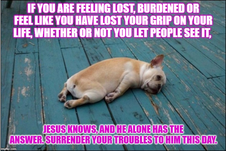 tired dog | IF YOU ARE FEELING LOST, BURDENED OR FEEL LIKE YOU HAVE LOST YOUR GRIP ON YOUR LIFE, WHETHER OR NOT YOU LET PEOPLE SEE IT, JESUS KNOWS, AND HE ALONE HAS THE ANSWER. SURRENDER YOUR TROUBLES TO HIM THIS DAY. | image tagged in tired dog | made w/ Imgflip meme maker