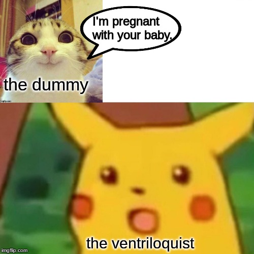when you forget to wear gloves . . . . | I'm pregnant with your baby. the dummy; the ventriloquist | image tagged in memes,surprised pikachu | made w/ Imgflip meme maker