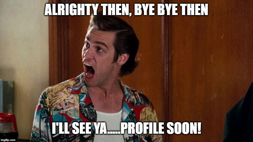Ace Ventura Alrighty Then | ALRIGHTY THEN, BYE BYE THEN I'LL SEE YA.....PROFILE SOON! | image tagged in ace ventura alrighty then | made w/ Imgflip meme maker