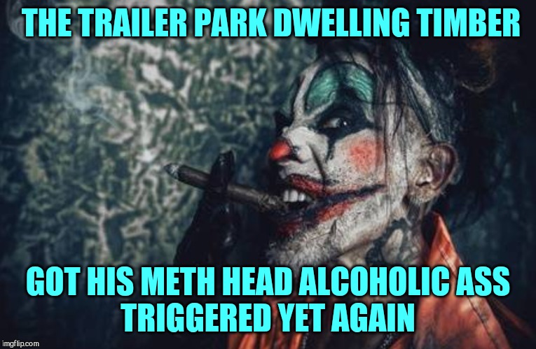 w | THE TRAILER PARK DWELLING TIMBER GOT HIS METH HEAD ALCOHOLIC ASS           TRIGGERED YET AGAIN | image tagged in evil clown s/s | made w/ Imgflip meme maker