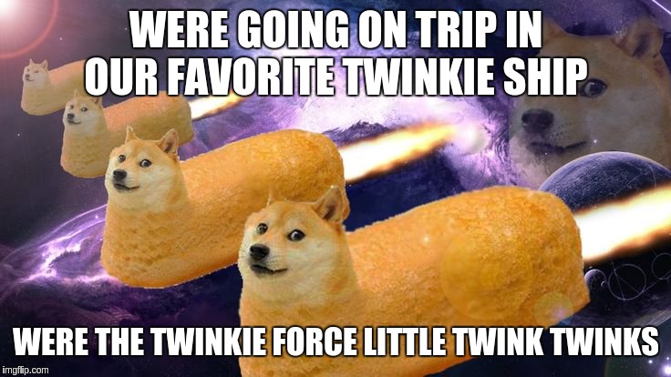 little twink twinks | WERE GOING ON TRIP IN OUR FAVORITE TWINKIE SHIP; WERE THE TWINKIE FORCE LITTLE TWINK TWINKS | image tagged in twinkie,doge | made w/ Imgflip meme maker