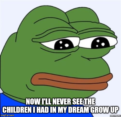 sad frog | NOW I'LL NEVER SEE THE CHILDREN I HAD IN MY DREAM GROW UP | image tagged in sad frog | made w/ Imgflip meme maker