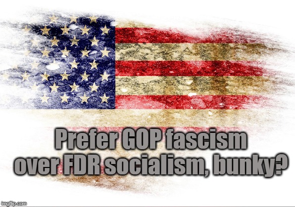 Democracy, Now | Prefer GOP fascism over FDR socialism, bunky? | image tagged in plutocracy,oligarchy | made w/ Imgflip meme maker