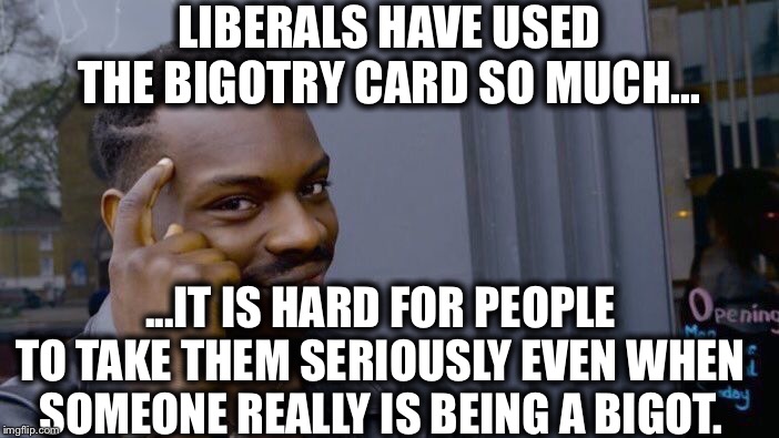 Roll Safe Think About It | LIBERALS HAVE USED THE BIGOTRY CARD SO MUCH... ...IT IS HARD FOR PEOPLE TO TAKE THEM SERIOUSLY EVEN WHEN SOMEONE REALLY IS BEING A BIGOT. | image tagged in memes,roll safe think about it,liberal logic,liberal hypocrisy,libtards | made w/ Imgflip meme maker