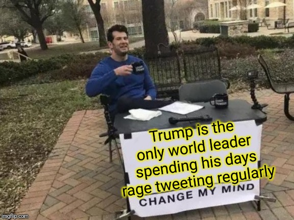 He is literally a spurned 13 yr. old girl who hasn't bin asked to the dance | Trump is the only world leader spending his days rage tweeting regularly | image tagged in memes,change my mind,dump trump,sewmyeyesshut,funny,memes | made w/ Imgflip meme maker