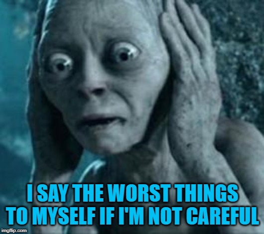 Scared Gollum | I SAY THE WORST THINGS TO MYSELF IF I'M NOT CAREFUL | image tagged in scared gollum | made w/ Imgflip meme maker