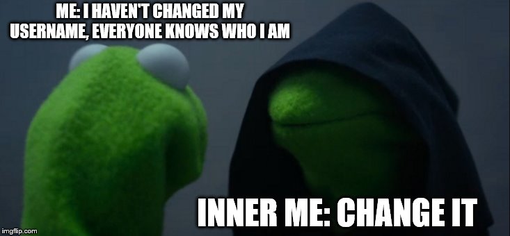 Not gonna happen! | ME: I HAVEN'T CHANGED MY USERNAME, EVERYONE KNOWS WHO I AM; INNER ME: CHANGE IT | image tagged in memes,evil kermit,username | made w/ Imgflip meme maker