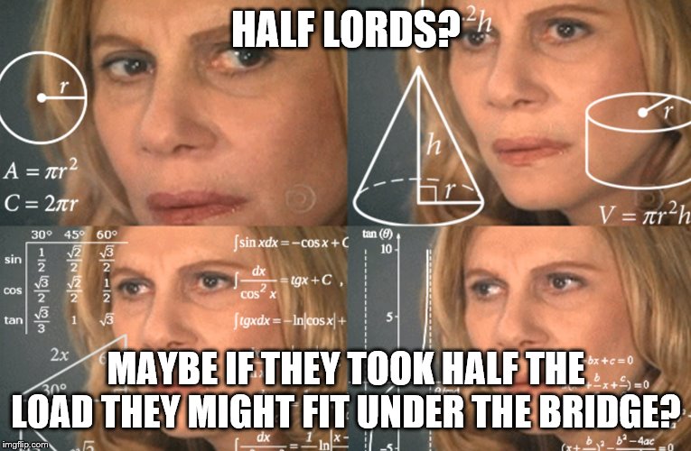 CONFUSED MATH LADY | HALF LORDS? MAYBE IF THEY TOOK HALF THE LOAD THEY MIGHT FIT UNDER THE BRIDGE? | image tagged in confused math lady | made w/ Imgflip meme maker
