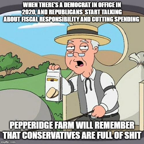 Will You? | WHEN THERE'S A DEMOCRAT IN OFFICE IN 2020, AND REPUBLICANS  START TALKING ABOUT FISCAL RESPONSIBILITY AND CUTTING SPENDING; PEPPERIDGE FARM WILL REMEMBER THAT CONSERVATIVES ARE FULL OF SHIT | image tagged in memes,pepperidge farm remembers,conservative hypocrisy,conservative logic | made w/ Imgflip meme maker