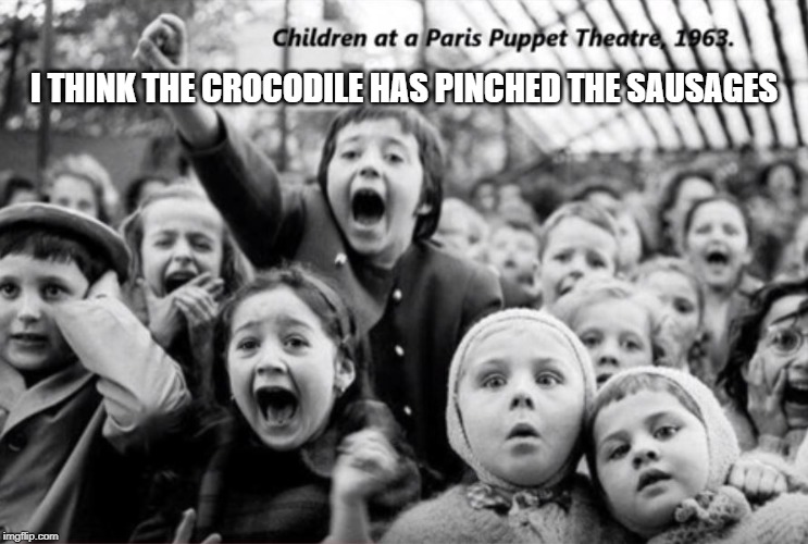 mixed emotions | I THINK THE CROCODILE HAS PINCHED THE SAUSAGES | image tagged in puppets,children | made w/ Imgflip meme maker
