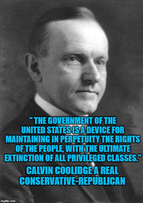 calvin coolidge original | " THE GOVERNMENT OF THE UNITED STATES IS A DEVICE FOR MAINTAINING IN PERPETUITY THE RIGHTS OF THE PEOPLE, WITH THE ULTIMATE EXTINCTION OF ALL PRIVILEGED CLASSES."; CALVIN COOLIDGE A REAL CONSERVATIVE-REPUBLICAN | image tagged in calvin coolidge original | made w/ Imgflip meme maker