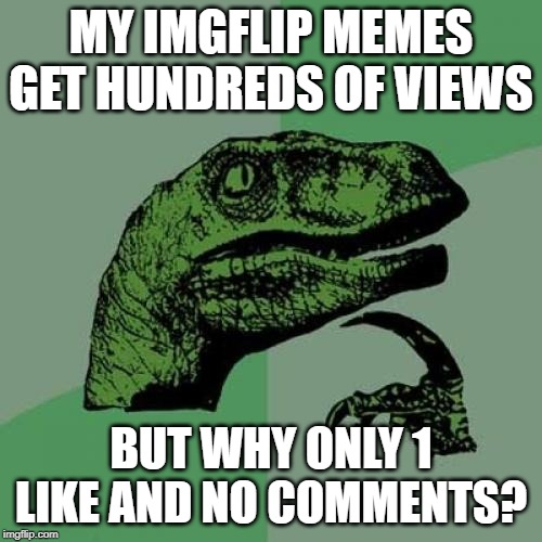 Philosoraptor Meme | MY IMGFLIP MEMES GET HUNDREDS OF VIEWS; BUT WHY ONLY 1 LIKE AND NO COMMENTS? | image tagged in memes,philosoraptor | made w/ Imgflip meme maker