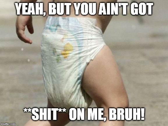 diaper-loaded | YEAH, BUT YOU AIN'T GOT **SHIT** ON ME, BRUH! | image tagged in diaper-loaded | made w/ Imgflip meme maker